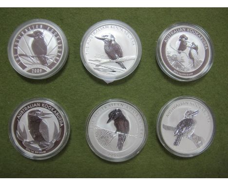 Six Australian Kookaburra One Ounce Silver One Dollar Coins, 2007, 2008, 2009, 2010, 2012, 2013, all encapsulated. 