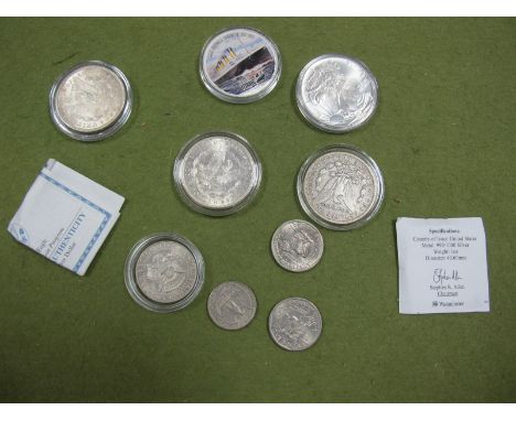 Five U.S. Silver One Dollar Coins, including Morgan dollars 1889 (2), 1921, 1995 Liberty one ounce silver dollar, 2007 R.M.S.