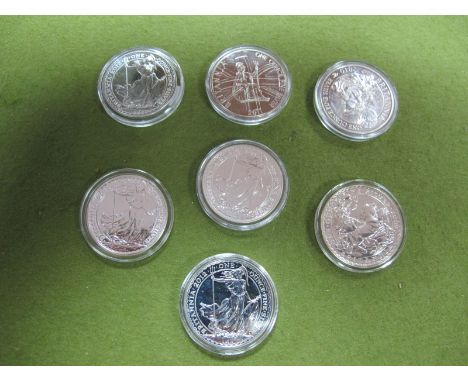 Seven Silver Britannia One Ounce Two Pounds Coins, 2009, 2010, 2011, 2012, 2013 (2), 2014, all encapsulated. 