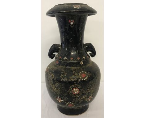 A large Chinese ceramic 2 handled vase, of bulbous form, with dragon design to outer bowl. Hand painted orange and white glaz