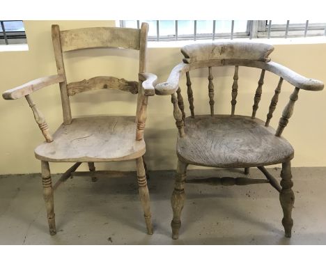 2 vintage pine arm chairs, one in the style of a Captains chair. Both with turned detail to legs and spindles. 
