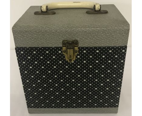 A vintage "Winel" covered wooden 7 inch record carry case. Grey and black with star decoration to exterior. 