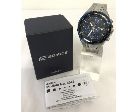 A boxed men's "Ediface" Chronograph watch by Casio. Blue/black face with silver tone bracelet strap. In working order. With s