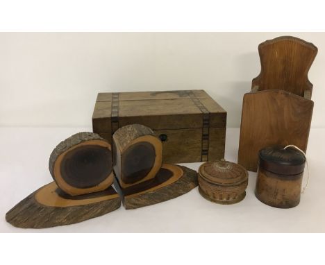 A collection of vintage treen items to include inlaid box, bookends and string box.  