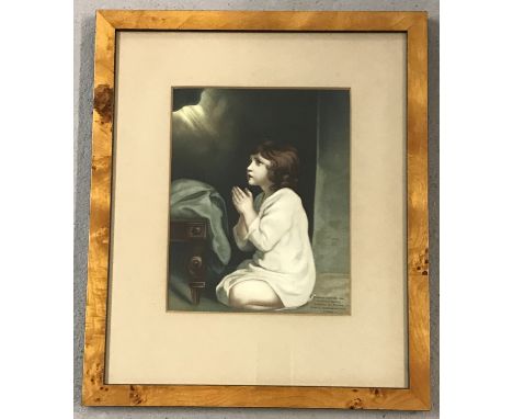 A framed &amp; glazed vintage print of a young girl in prayer. Marked to lower right "Published April 16th 1856 by George Bax