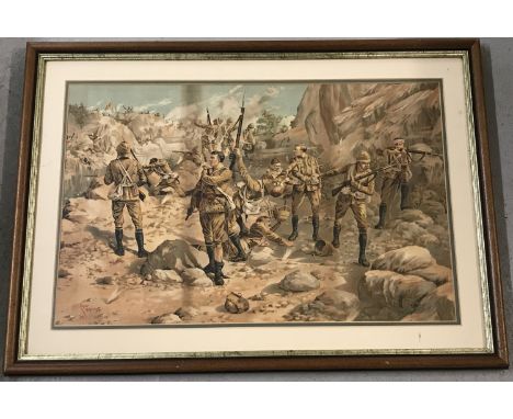 A framed and glazed military colour print. Depicting 'The Fall of the Northampton's, November 1897' from an original painting