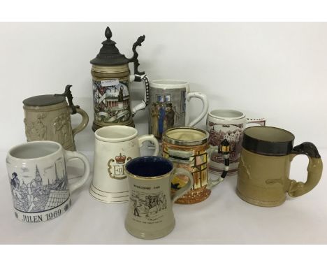 A collection of assorted ceramic tankards and steins. To include: Bavarian porcelain, Delft, Denby Stoneware with greyhound s
