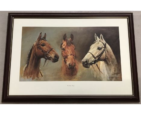 A framed &amp; glazed print entitled "The Three Kings". Depicting Arkle, Red Rum and Desert Orchid by S L Crawford. Approx. 6