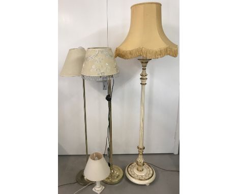 A vintage standard lamp &amp; shade in cream &amp; gold. Together with 2 modern metal standard lamps &amp; shades and a table