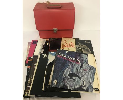 A vintage red record case containing 30 assorted Frank Sinatra vinyl records. To include several gatefold double LP's. 