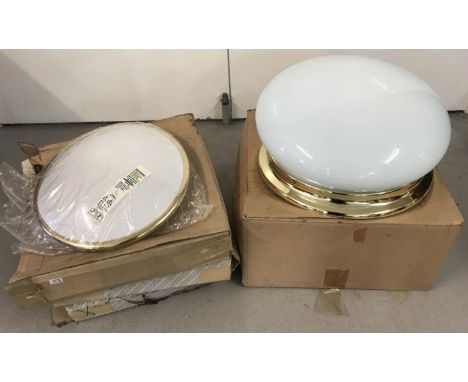Two modern large white glass ceiling light fittings. Together with 3 smaller modern white glass ceiling lights. All boxed wit