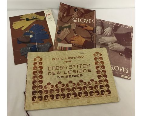A vintage DMC Library booklet together with 3 knitting patterns for gloves. Booklet entitled "Cross Stitch, New Designs, 4th 