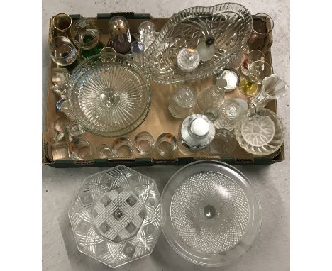 A collection of vintage and modern glassware. To include a vintage perfume bottle with white metal clad stopper. Together wit
