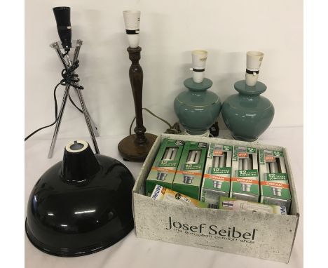 Four assorted table lamps. To include 2 matching pottery lamps, one wooden table lamp and one tripod table lamp, plus retro m