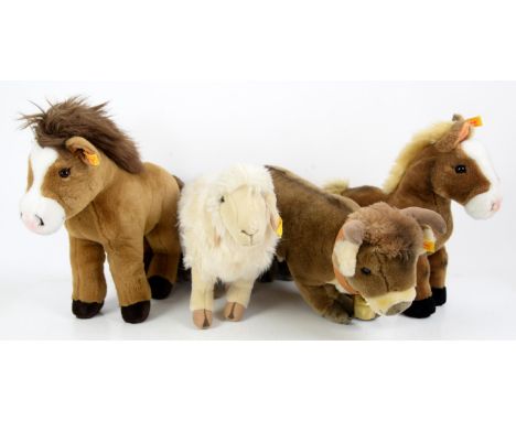 Four Steiff plush farmyard animals, comprising two horses, cow with bell and a sheep, all with buttons in their ears, cow 39c