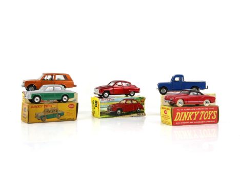 Five Dinky Toys model cars, comprising 344 Land Rover, 192 Range Rover, 156 Saab 96, 168 Singer Gazelle and 187 Volkswagen Ka