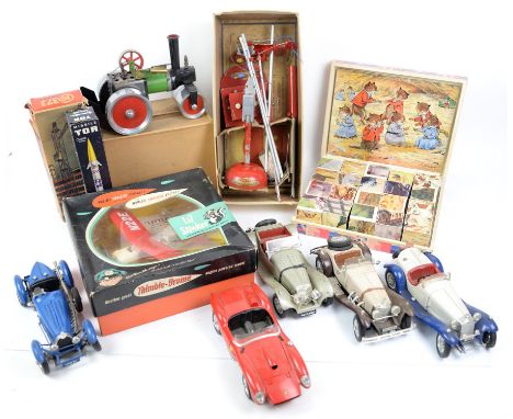 Collection of toys and models, comprising Mamod SR1 Steam Roller, five Burago model cars, child's block puzzle, L M Cox 'Li'l