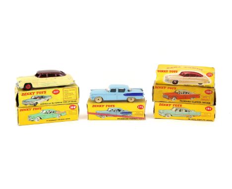 Six Dinky Toys model vehicles comprising 169 Studebaker Golden Hawk, 171 Hudson Commodore Sedan, 179 Studebaker President Sed