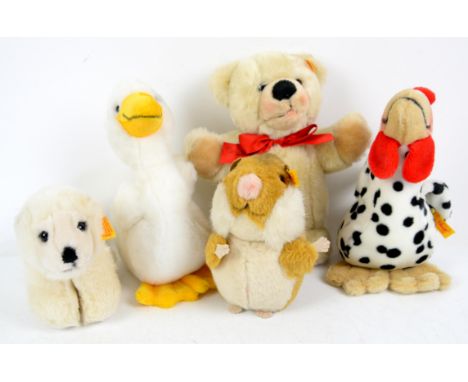 Five Steiff plush animals, comprising duck, chicken, bear, hamster and polar bear, (5),