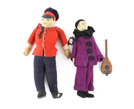 Lenci felt Pierrot doll with purple and black costume and mandolin, paper label attached to jacket, 40.5cm high and a Lenci t