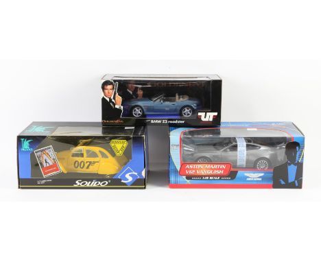 James Bond - Three 1:18 Scale cars, Prestige Solido 2CV For Your Eyes Only, Aston Martin V12 Vanquish 40th Anniversary Die An