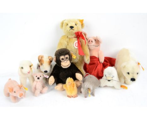 Eleven Steiff mohair animals, comprising monkey, polar bear, Welsh Terrier, lamb, seal, bear, pig in ball gown, duckling, mou