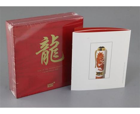 A Montblanc Year of The Golden Dragon limited edition 888 fountain pen, with Meissen porcelain case hand painted with a red d