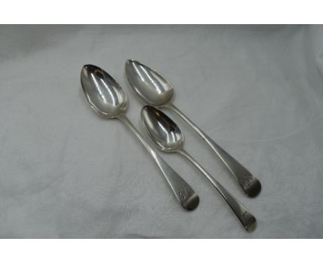 Two Georgian table spoons of Old English form bearing monogram to terminals, London 1803/17, Thomas Wallis, William Eley &amp