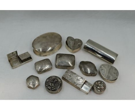 Twelve white metal patch boxes stamped 925 of assorted forms and decoration including engraved, embossed and plain, approx 18