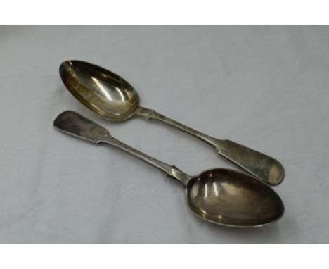 A pair of Scottish Victorian silver table spoons of fiddle back form bearing monogram H to terminals, Glasgow 1875, Wilson &a