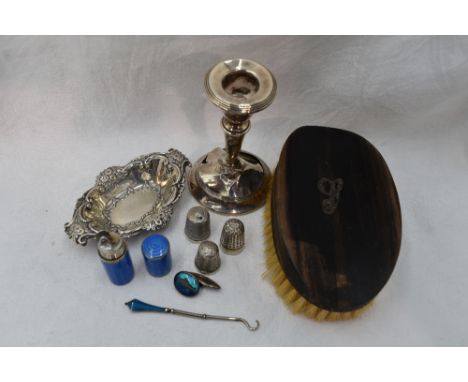 A small selection of HM silver and white metal including thimbles, trinket dish, cigarette lighter having blue enamel guilloc