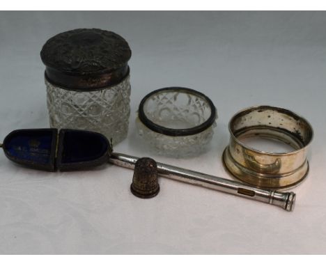 A small selection of HM silver and white metal including a cased Victorian silver thimble of traditional form, Chester 1897, 