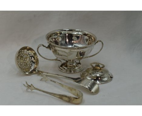 A small selection of HM silver including a sugar bowl having facetted decoration, loop handles amd pedestal foot, Birmingham 