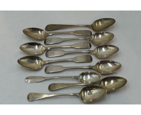 A set of six Georgian silver teaspoons of fiddle back form bearing monogram R to terminals, Sheffield 1837, Patrick Leonard, 