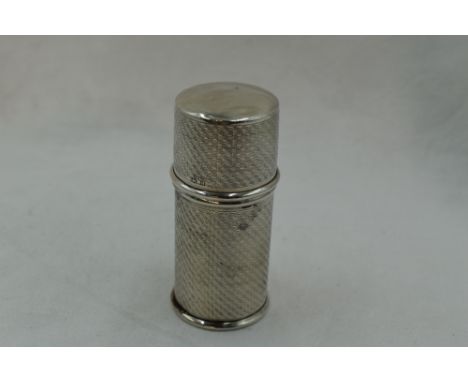 A silver cylindrical container having plastic liner, push on lid and chequered engine turned decoration, Birmingham 1932, Rob