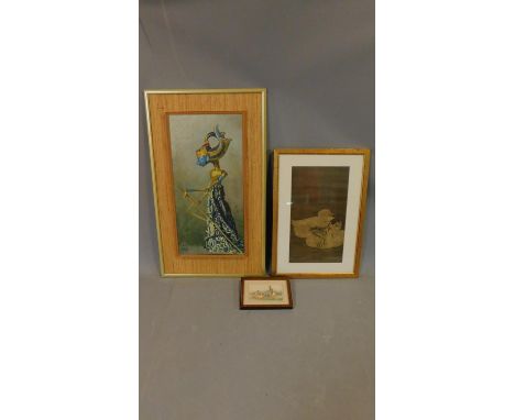 A framed oil on board, puppet of Lord Krishna a framed Chinese screen print of ducks and a miniature collage of men in a boat