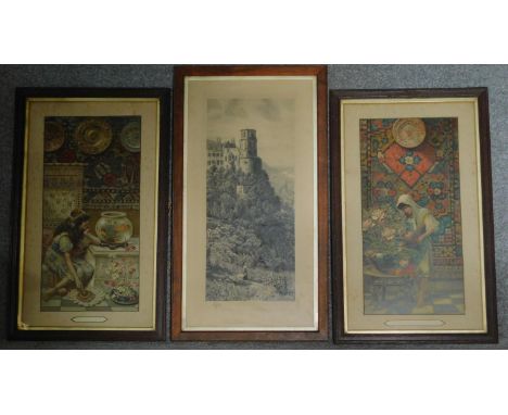 A pair of late 19th century framed and glazed prints "Goldfish" and "Oriental Colours" and a 19th century print signed by the