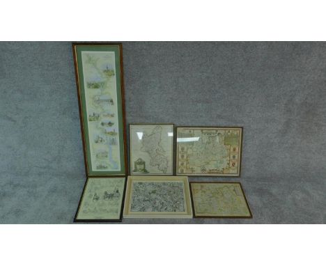 A miscellaneous collection of five framed and glazed maps and a coaching print. 106x35cm 