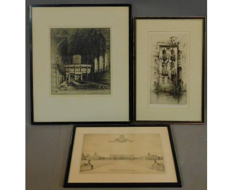 A 19th century signed lithograph of a church interior, another of a Venice canal and a 19th century signed print of Hopetoun 