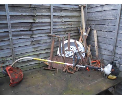 Collection of garden tools, strimmer etc