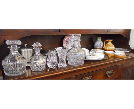 Shelf of collectables to include Royal Worcester &amp; Coleport (3 hallmarked silver collars on decanters)