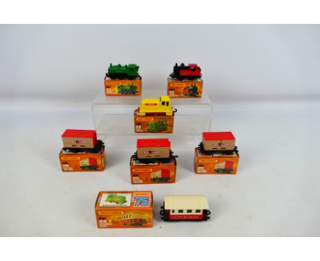 Matchbox - 7 x boxed railway models, Diesel Shunter # 24, 3 x Flat Car & Container # 25, Steam Locomotive # 43, Passenger Coa