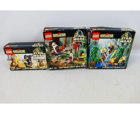Lego - Star Wars - Three boxed Lego 'Star Wars' themed sets. Lot consists of Lego #7128 Speeder Bikes; #7101 Lightsaber Dual;