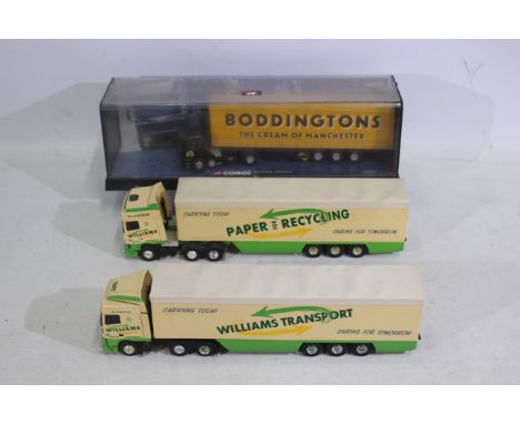 Corgi - A boxed Corgi 1:50 scale 'Modern Trucks' #75202 ERF Curtainside 'Boddingtons'; with two unboxed Eligor #113136 DAF 95