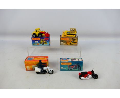 Matchbox - Superfast - 4 x boxed models, Hondarora Motorcycle # 18, Tractor Shovel # 29, Police Motor Cycle # 33 and Caterpil
