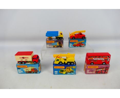 Matchbox - Superfast - 5 x boxed models, Snorkel Fire Engine # 13, London Bus # 17, Mercedes Container Truck # 42, Crane # 49