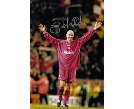 Football Autographed GARY McALLISTER 12 x 8 photo: Col, depicting Liverpool's GARY McALLISTER raising his arms in celebration