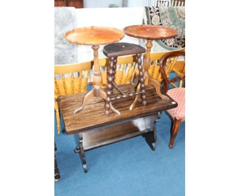 An oak coffee table, two occasional tables and a stool