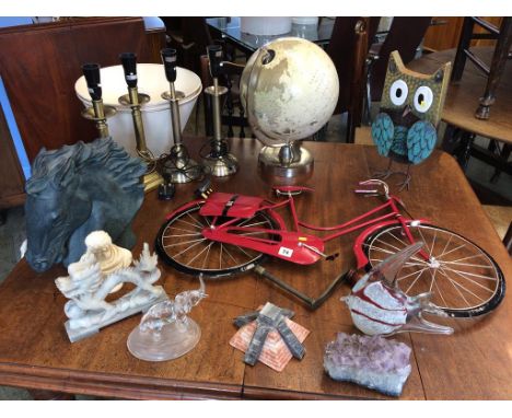 A Globe, table lamps, various figures etc.