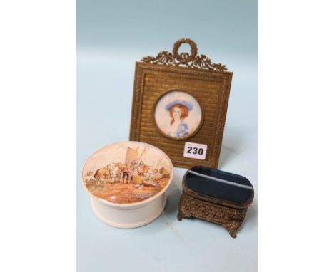 A gilt metal and agate box, pot lid and a miniature portrait
